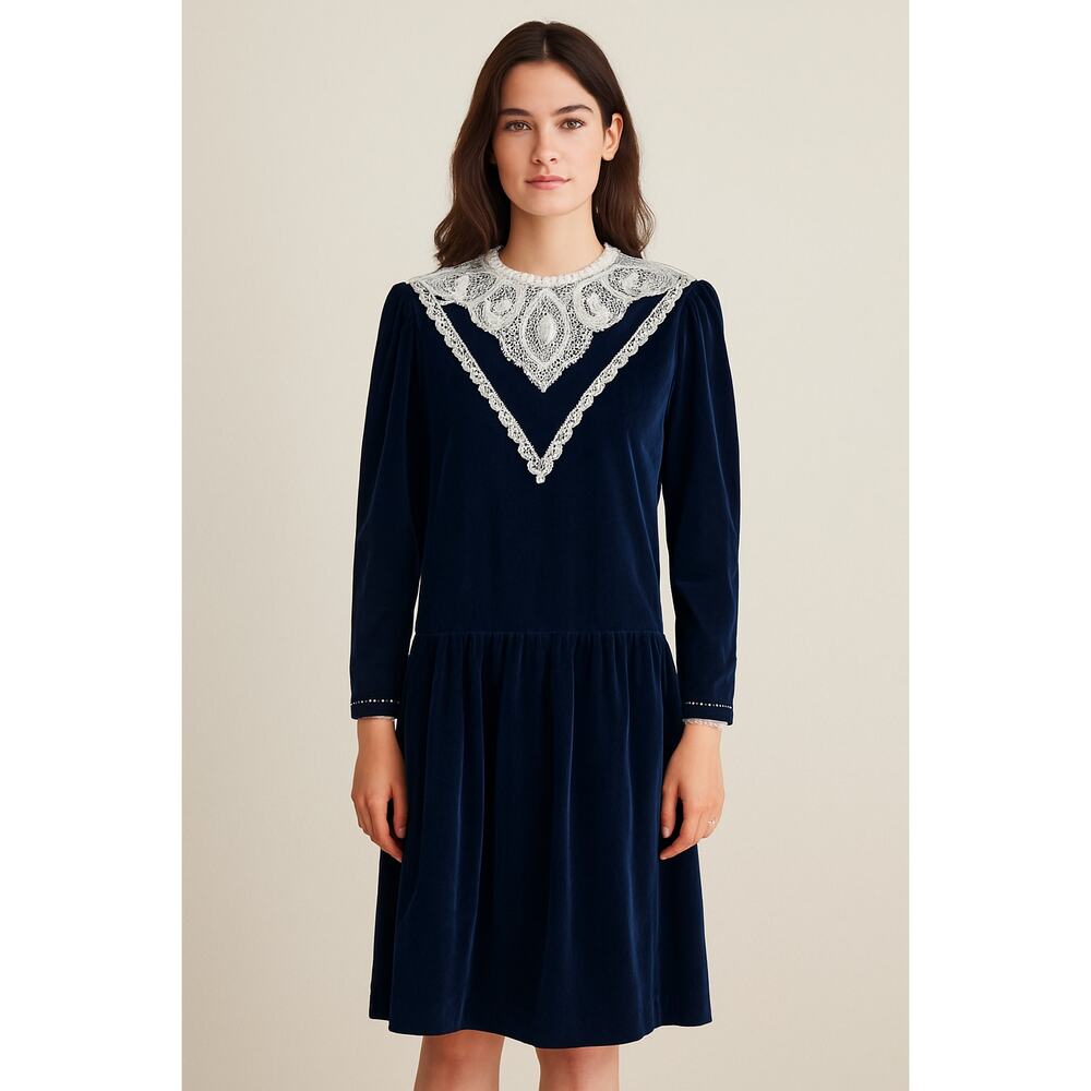 Gunne Sax Navy Blue Velvet Dress with Lace Collar Size M